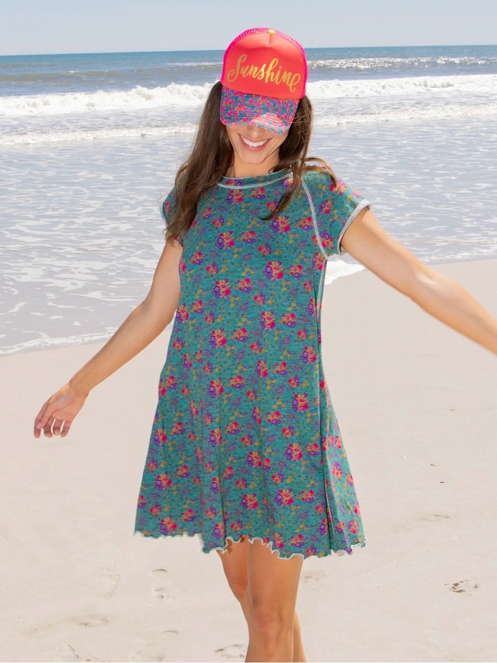 Natural Life Lily Knit Cotton Tee Dress Turquoise Floral Medallions Small
